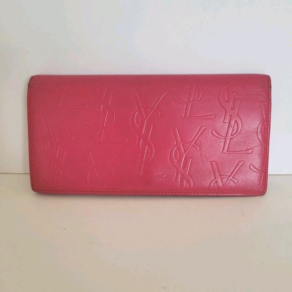 Yves Saint Laurent YSL Vintage Long Large Leather Wallet Pink Logo